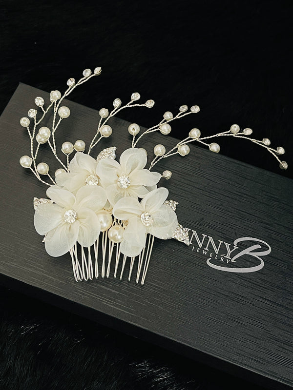 ZELIA – Large White Flowers With Crystal Leaves And Pearl Sprays Hair Comb In Silver - JohnnyB Jewelry