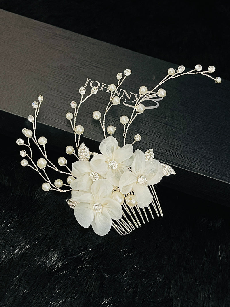 ZELIA – Large White Flowers With Crystal Leaves And Pearl Sprays Hair Comb In Silver - JohnnyB Jewelry