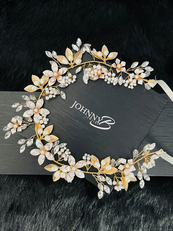 ILENE - Gold Flowers And Leaves With Crystal Sprays Hair Circlet