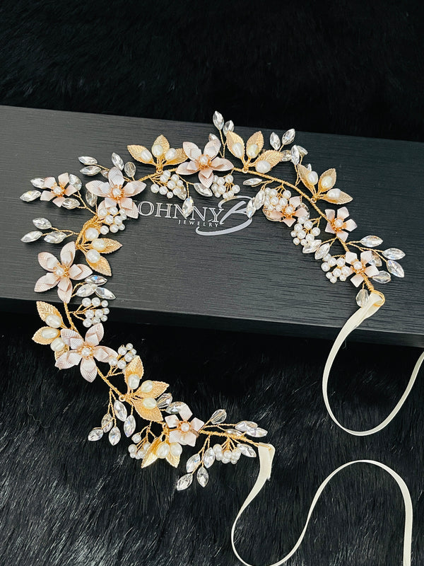 ILENE - Gold Flowers And Leaves With Crystal Sprays Hair Circlet