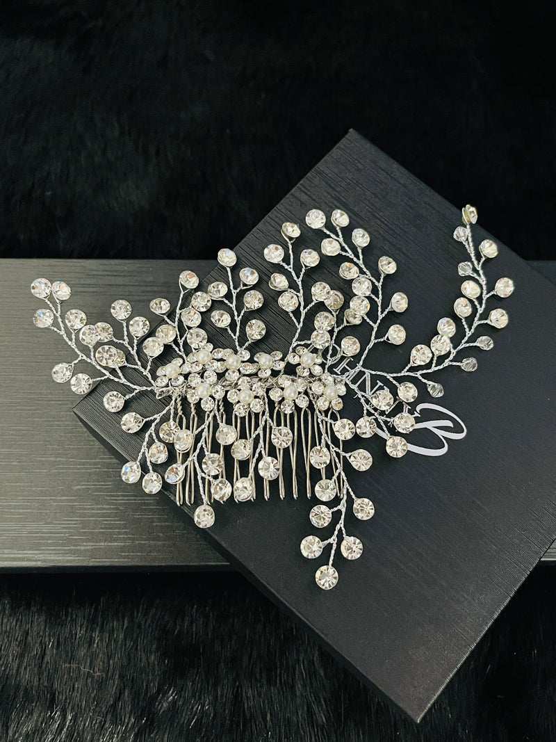 LUCIA - Pearl And Rhinestone Flowers Hair Comb In Silver