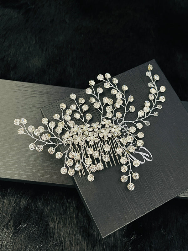 LUCIA - Pearl And Rhinestone Flowers Hair Comb In Silver