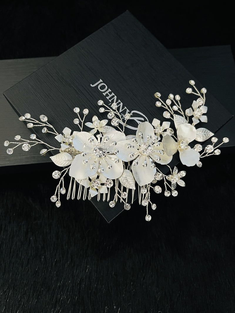 PRISCILLA - Large Flowers With Crystal Sprays Hair Comb