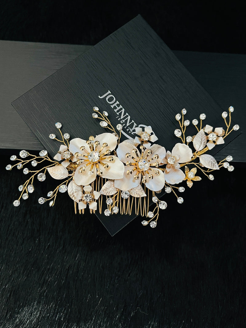 PRISCILLA - Large Flowers With Crystal Sprays Hair Comb