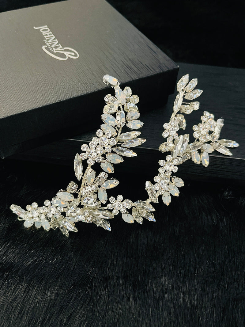 CECELIA - Opal Crystal Flowers Double-Strand Hair Piece In Silver