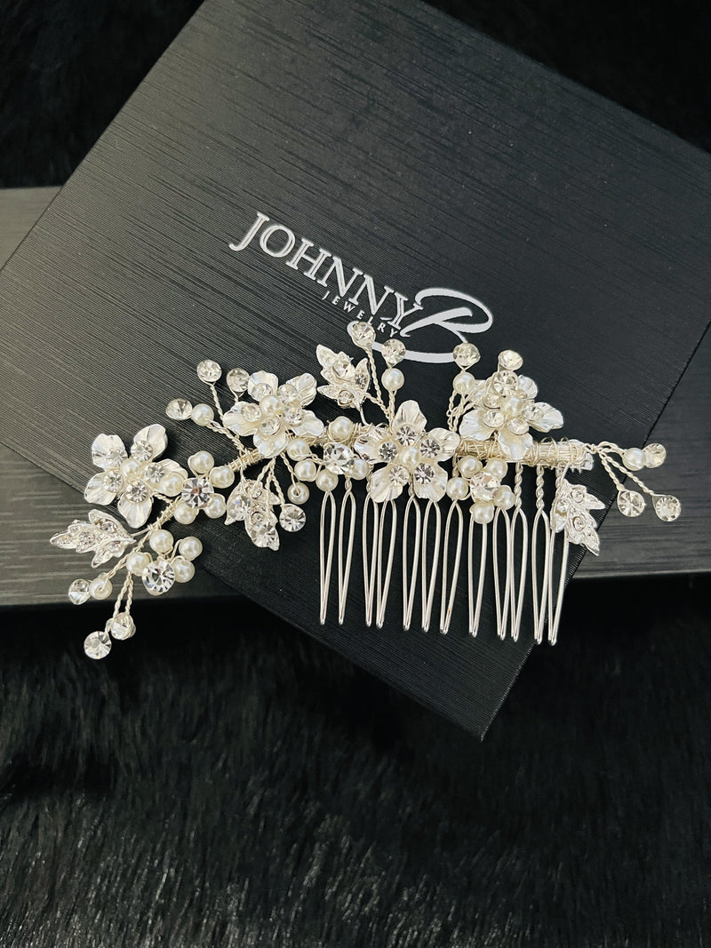 DESPINA - Metal Leaves With Flowers Comb - JohnnyB Jewelry