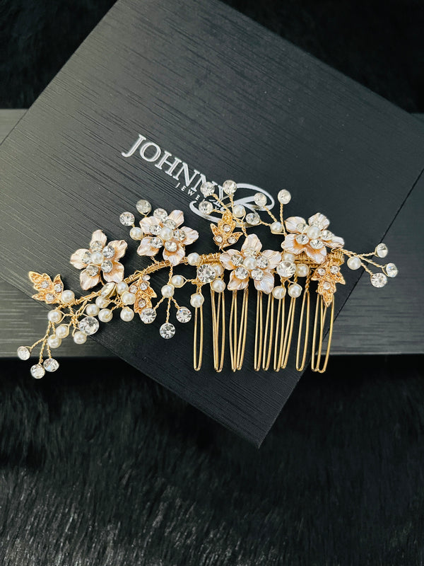 DESPINA - Metal Leaves With Flowers Comb - JohnnyB Jewelry