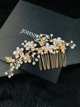 DESPINA - Metal Leaves With Flowers Comb - JohnnyB Jewelry