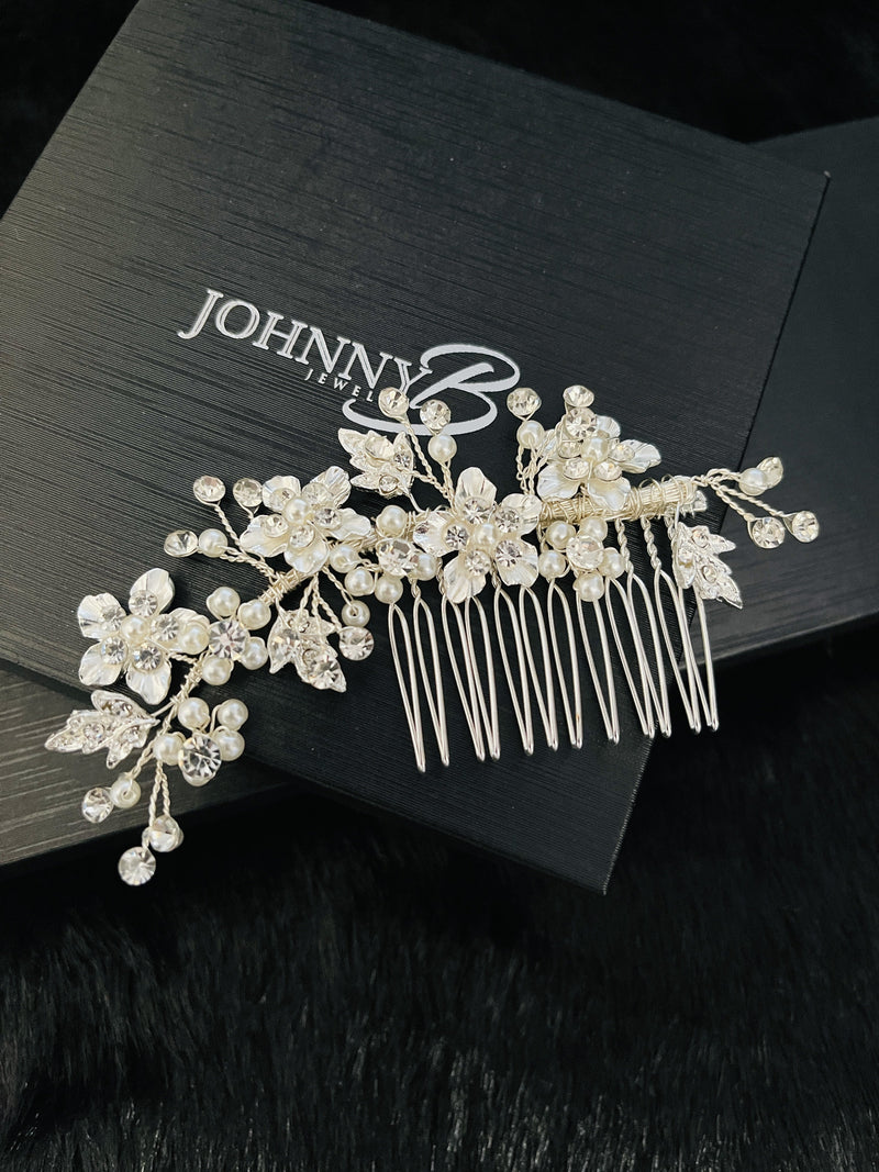 DESPINA - Metal Leaves With Flowers Comb - JohnnyB Jewelry