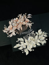 FRANCESCA - Large Metal Flowers Leaves With Crystal Hair Comb