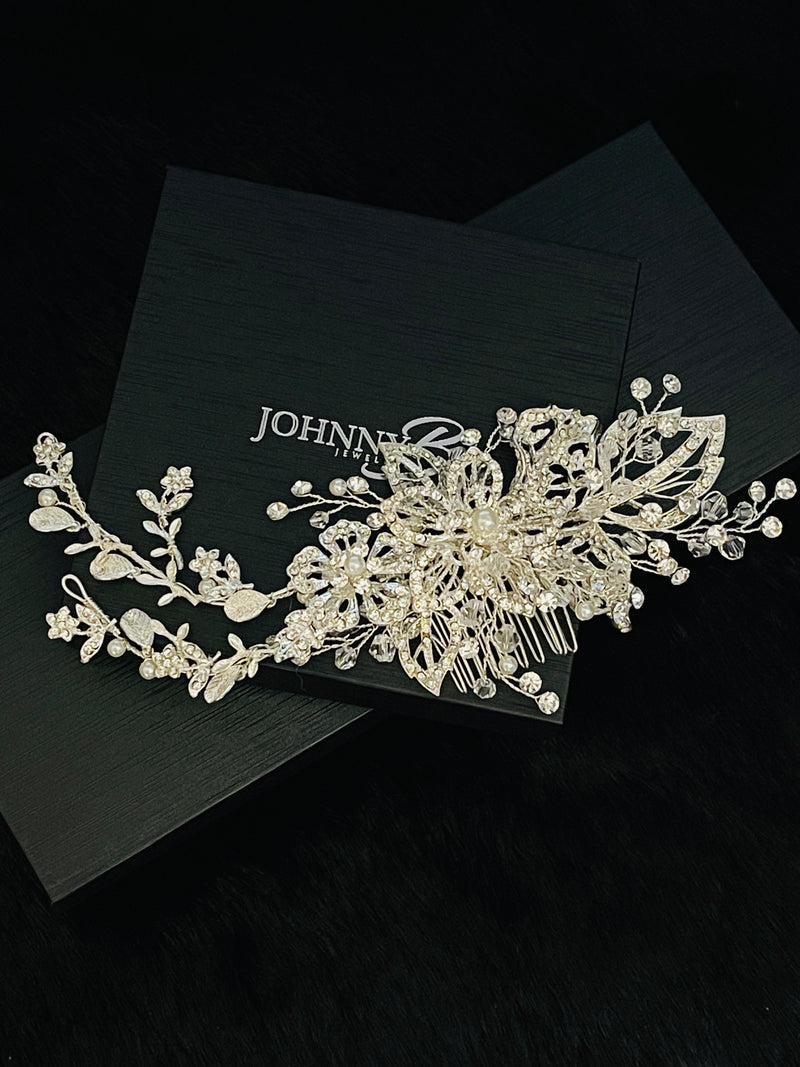 JULIA - Floral Pearl And Crystal Hair Piece In Silver - JohnnyB Jewelry