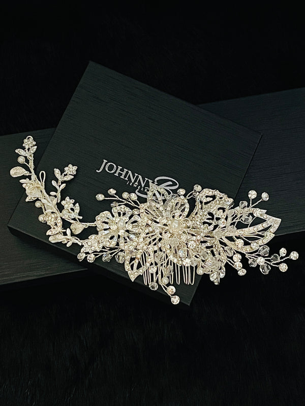 JULIA - Floral Pearl And Crystal Hair Piece In Silver - JohnnyB Jewelry