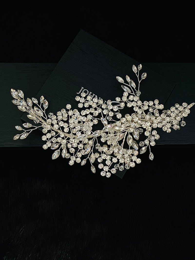 ISADORA - "Left" Intricate Crystal Berries And Leaves Hair Piece In Silver