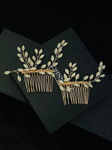VANESSA - 2Pcs Set Opal Crystal Flower Hair Combs In Gold - JohnnyB Jewelry
