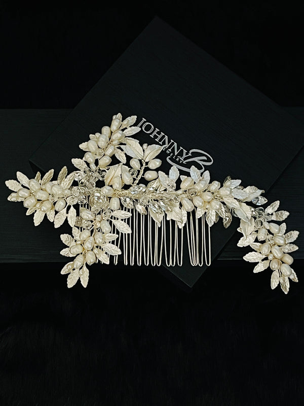DOMINICA - Metal Silver Leaves With Freshwater Pearl Berries Hair Comb In Silver