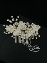 ORSA – Large Metal Leaves With Crystal And Freshwater Pearl Hair Comb