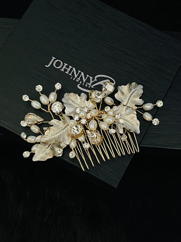 ORSA – Large Metal Leaves With Crystal And Freshwater Pearl Hair Comb