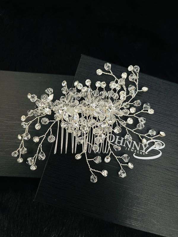 JOANNA - Bendable Rhinestone Flowers Hair Comb - JohnnyB Jewelry