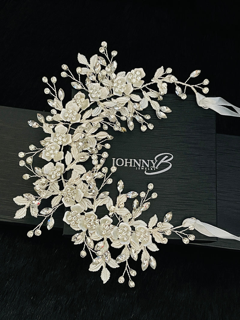 EVADNE - White Flowers, Silver Leaves Rhinestone In Silver
