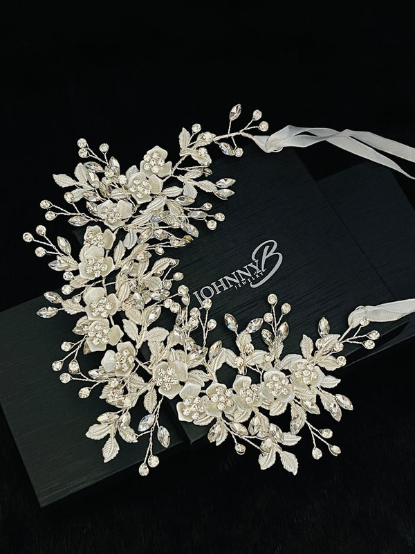 EVADNE - White Flowers, Silver Leaves Rhinestone In Silver