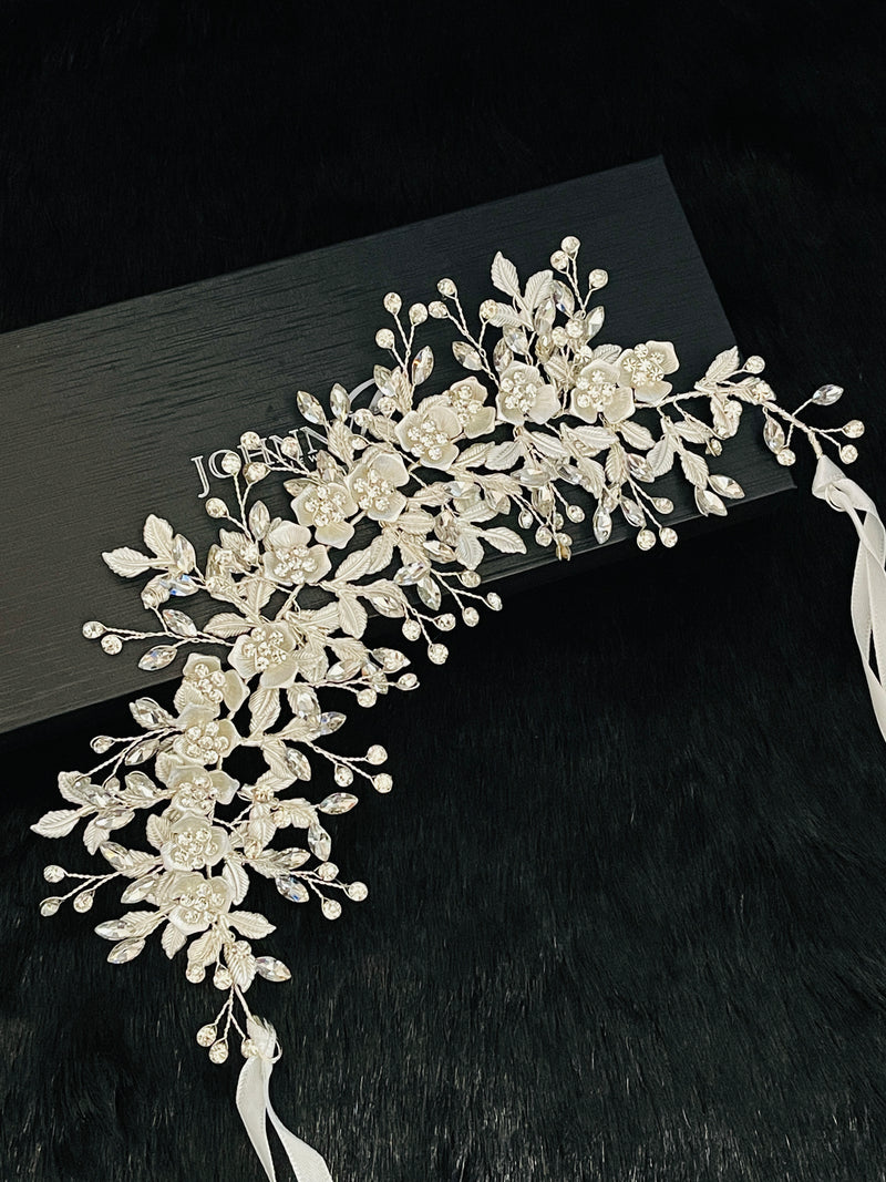 EVADNE - White Flowers, Silver Leaves Rhinestone In Silver