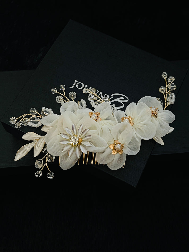 XANTHIA - Large White Flowers With Crystal Sprays Hair Comb In Gold - JohnnyB Jewelry