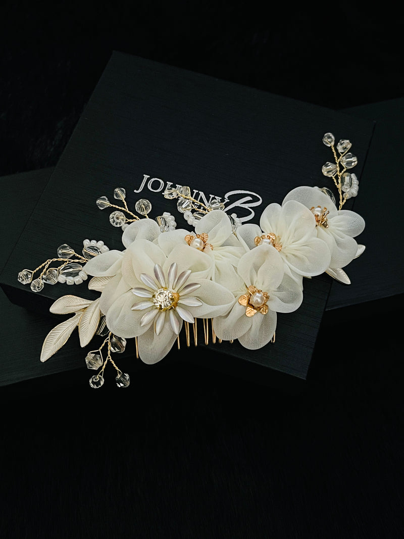 XANTHIA - Large White Flowers With Crystal Sprays Hair Comb In Gold - JohnnyB Jewelry