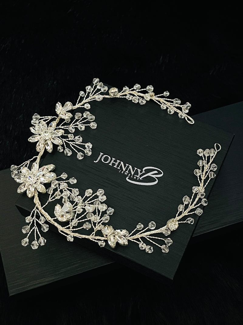 VERONICA - Crystal Flowers With Rhinestone Sprays Hair Piece In Silver