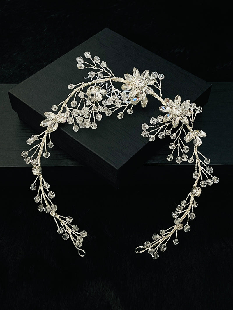 VERONICA - Crystal Flowers With Rhinestone Sprays Hair Piece In Silver