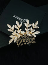GRETA - Leaves And Pearls Hair Comb In Gold - JohnnyB Jewelry