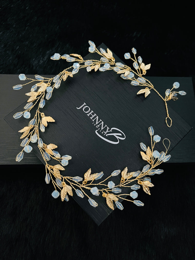 NEVAEH - Gold Leaves With Opal Crystal Sprays Hair Piece In Gold