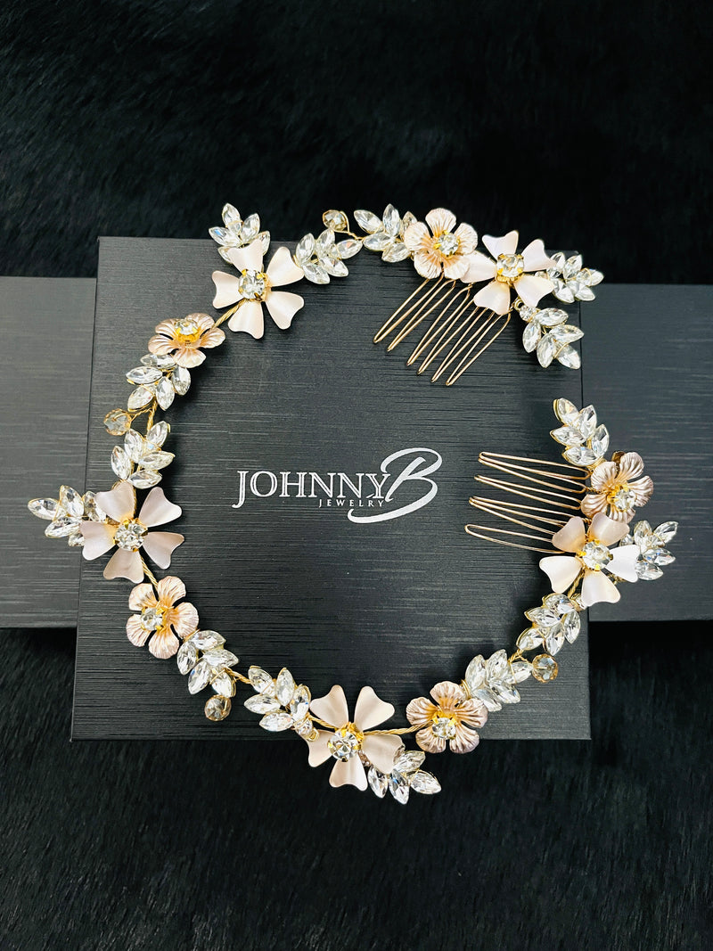 CORA - Rose Gold Flower With Multi-Shaped Crystal Hair Piece In Gold