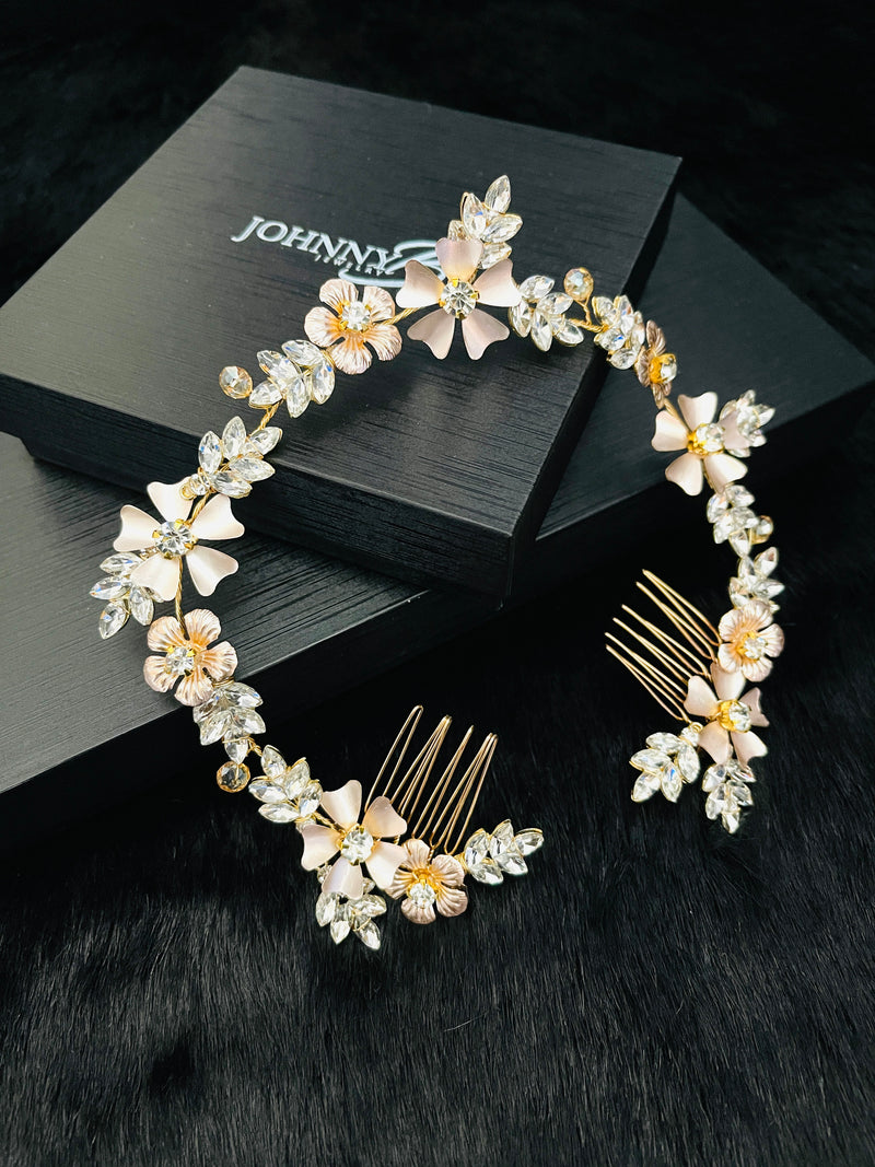 CORA - Rose Gold Flower With Multi-Shaped Crystal Hair Piece In Gold