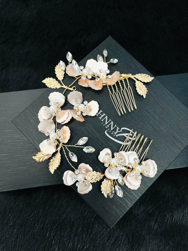 PAMELA - Rose Gold Flower With Crystal And Pearl Hair Piece In Gold