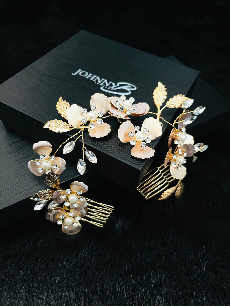 PAMELA - Rose Gold Flower With Crystal And Pearl Hair Piece In Gold