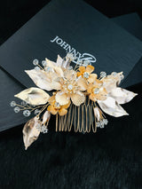 CARINA - Multi-Shaped Flower With Crystal And Pearl Hair Comb In Gold