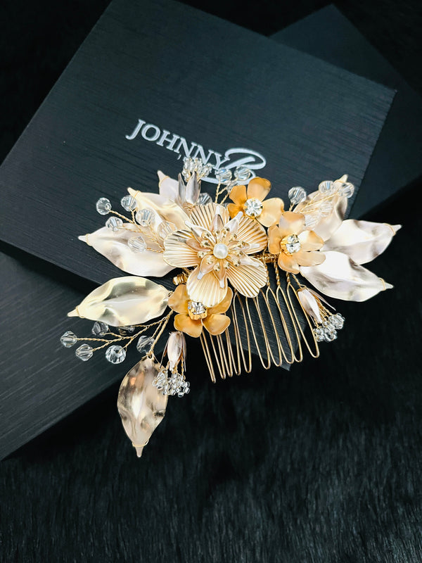 CARINA - Multi-Shaped Flower With Crystal And Pearl Hair Comb In Gold