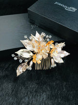 CARINA - Multi-Shaped Flower With Crystal And Pearl Hair Comb In Gold