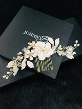 KHLOE - Multi-Flower Design With Fancy Leaf In Crystal And Pearl Hair Piece In Gold