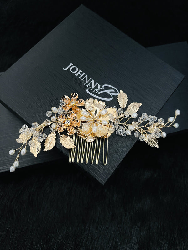 KHLOE - Multi-Flower Design With Fancy Leaf In Crystal And Pearl Hair Piece In Gold