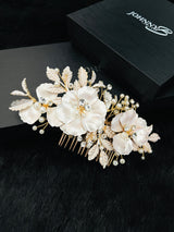 NOVA - Fancy Triple Flower With Crystal And Pearl Hair Comb In Gold