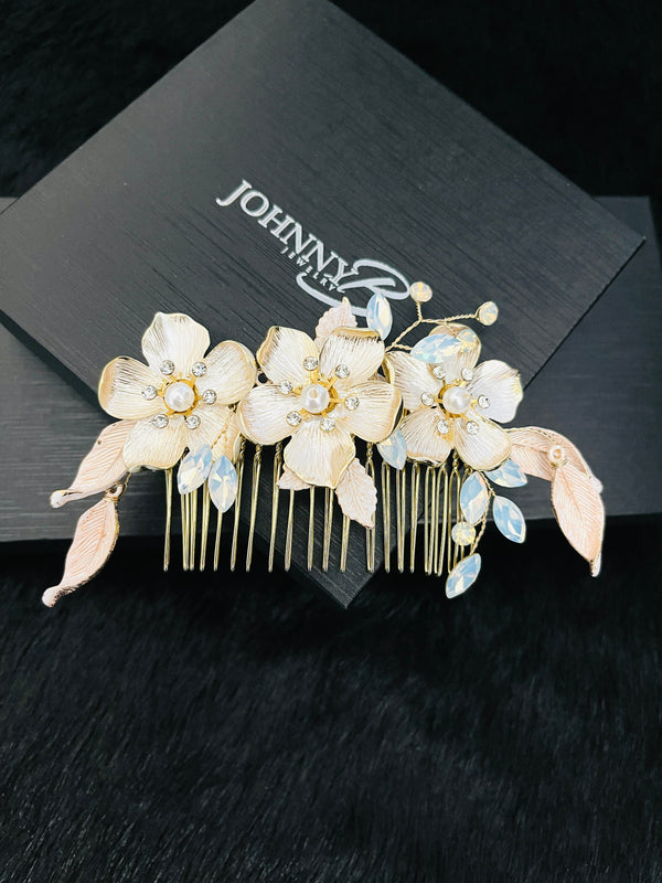 MARIANNE - Triple Flower With Opal Marquise Crystal Hair Comb In Gold