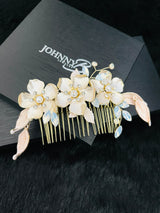 MARIANNE - Triple Flower With Opal Marquise Crystal Hair Comb In Gold