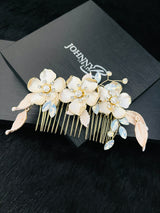 MARIANNE - Triple Flower With Opal Marquise Crystal Hair Comb In Gold