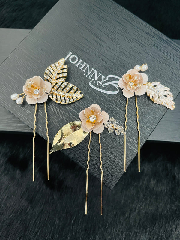 GIANNA - Fancy Flower Hair Pins Set In Gold