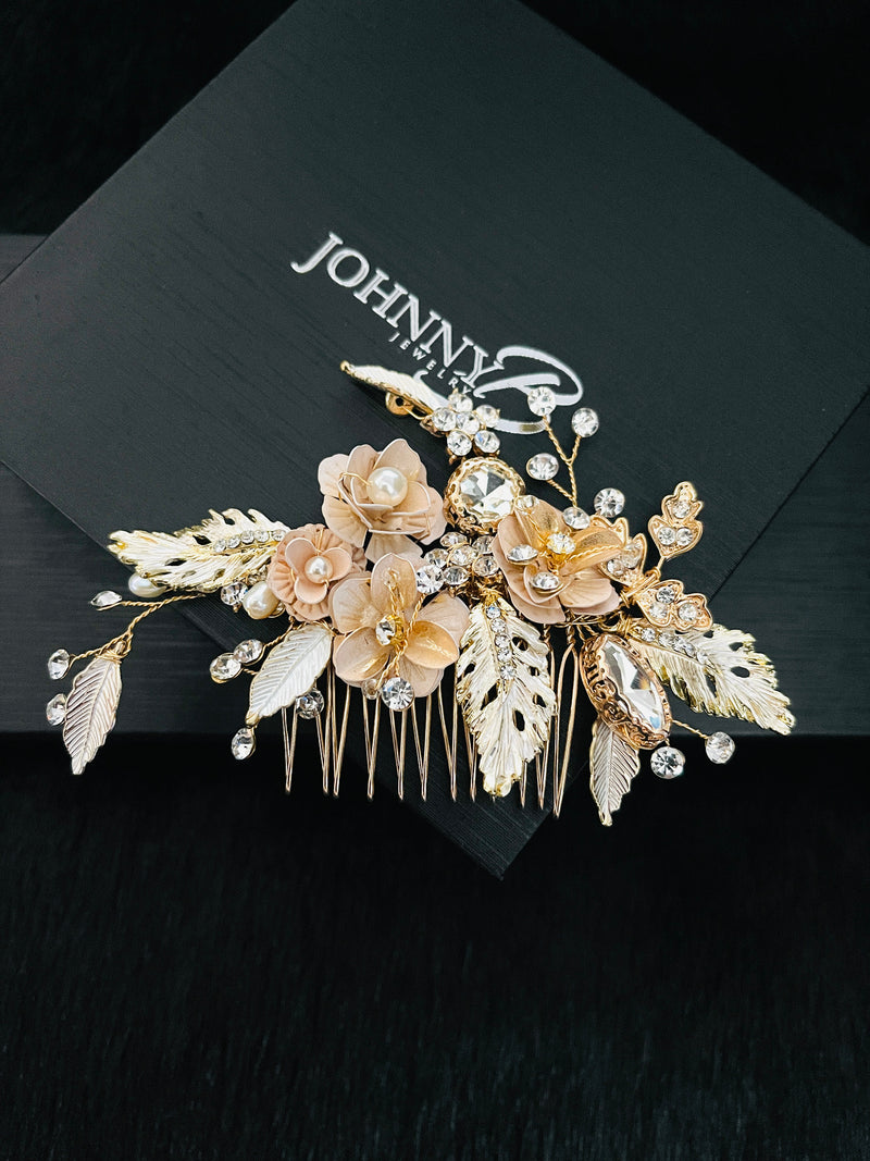 AUTUMN - Flower And Leaves Crystal And Pearl Hair Comb In Gold