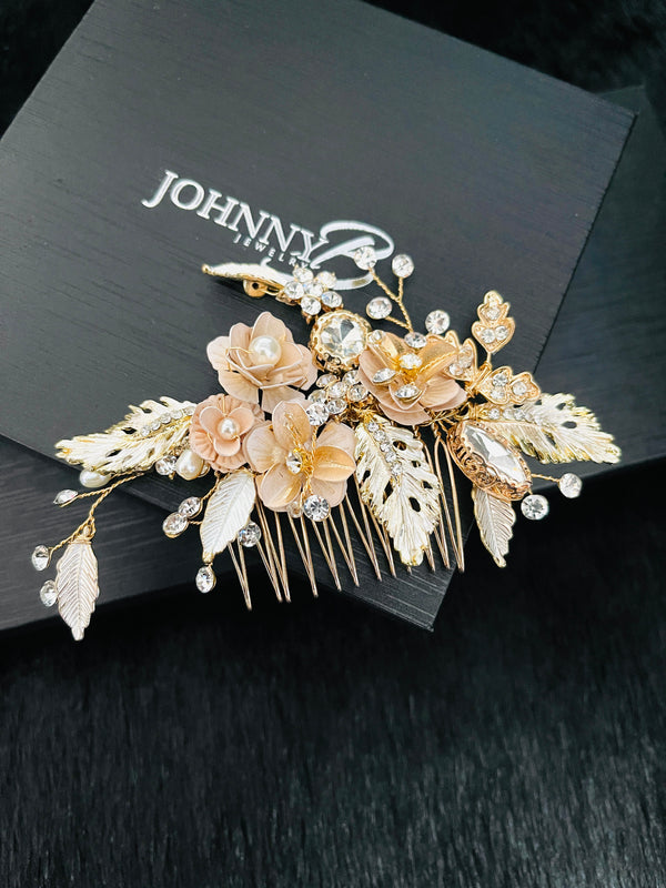 AUTUMN - Flower And Leaves Crystal And Pearl Hair Comb In Gold