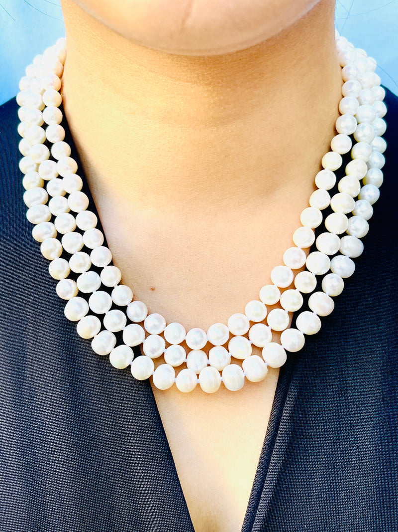 PEARLENE - THREE STRAND WHITE FRESHWATER PEARL NECKLACE