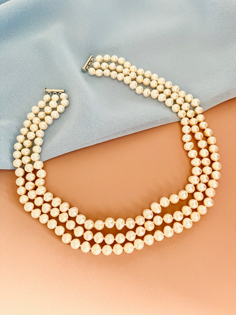 PEARLENE - THREE STRAND WHITE FRESHWATER PEARL NECKLACE