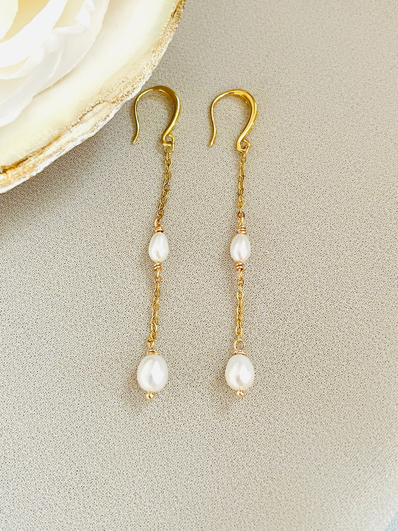 PEARLENE - 4-7MM DOUBLE PEARL DROP CHAIN EARRINGS